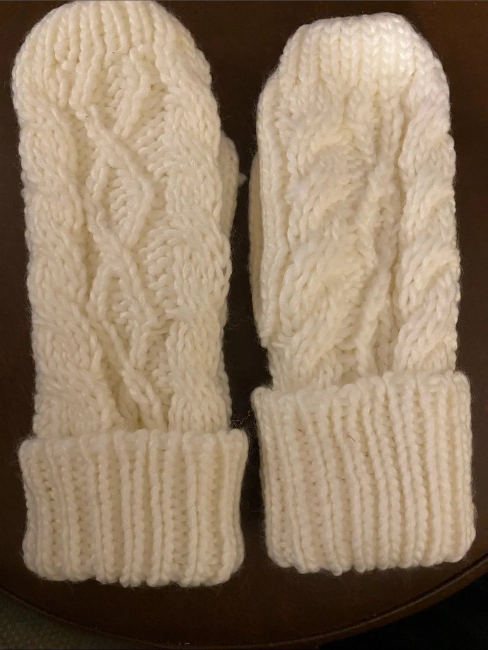 Cable Knit Cream Colored Mittens • Lined with Flannel Fabric